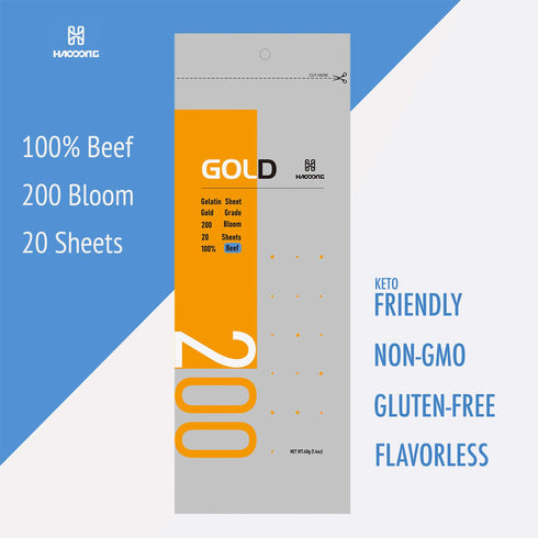 HAODONG Gold Gelatin Sheets - Beef Leaf Gelatin 200 Bloom (40g, 18-20Sheets) - Gelatin Leaves for Baking Desserts Mirror Glaze Mousse Cake...