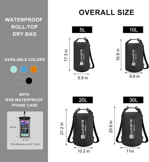 Waterproof Dry Bag Floating Roll Top Dry Backpacks for Kayaking, Rafting, Boating, SUP, Fishing with IPX8 Waterproof Phone Case, Black, 10L...