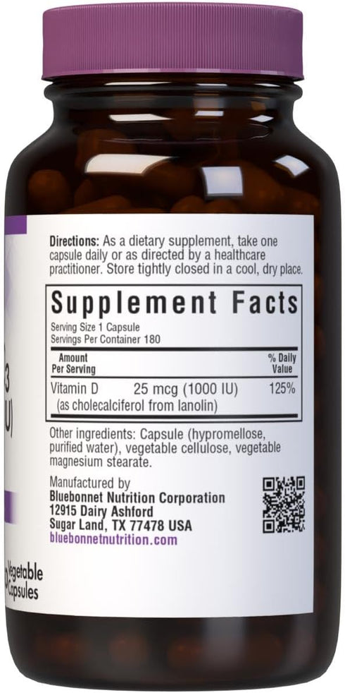 Bluebonnet Vitamin D3 1000 IU Vegetable Capsules, 180 Count...