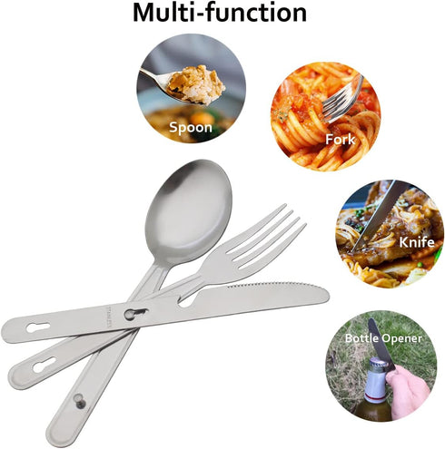 4-in-1 Camping Utensils Hiking Cutlery Set for 4, Portable Stainless Steel Flatware Spoon Fork, Knife & Bottle Opener Combo pack for Picnic Travel...