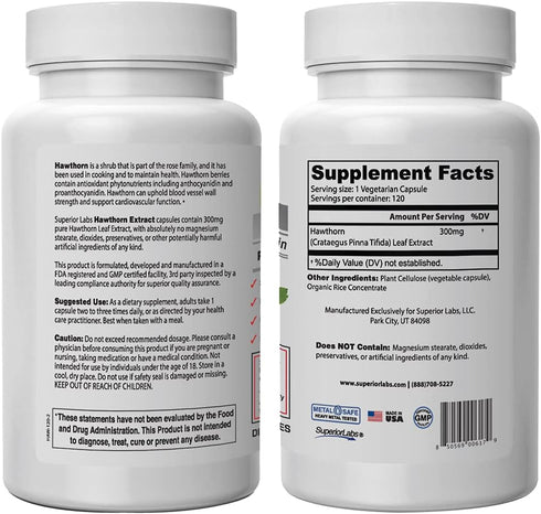 Superior Labs — Best Hawthorn Vitamin Supplement NonGMO, Non Synthetic — 300 mg Dosage, 120 Vegetable Capsules — Powerful Antioxidant — Healthy Di...