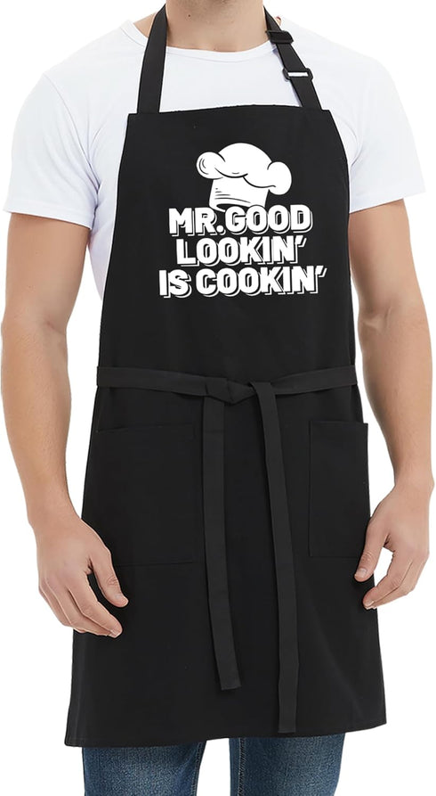Funny Chef Aprons for Men - Mr.Good Lookin' is Cookin' - Men’s Funny Kitchen Cooking Grilling BBQ Aprons with 2 Pockets - Birthday Father’s Day Ch...