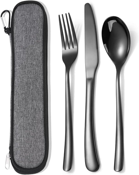 MURRI&MURRDI Stainless Steel Cutlery Set for 1, Reusable Flatware Set with Case, Cutlery Set for Work Stainless Steel Knife Fork Spoon Set 3 Piece...