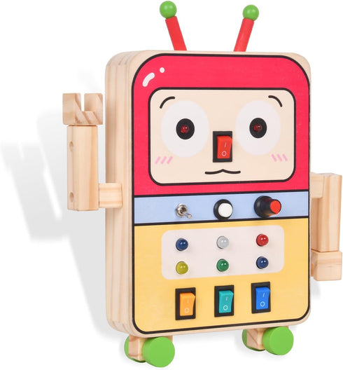 Montessori Toddler Busy Board, Baby Wooden Robot Busy Board with 8 LED Light Switches, Sensory Toys Activity Board for Fine Motor Skills, Travel T...