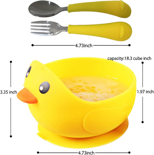 Silicone Toddler Bowl with Suction Plus Baby Spoon and Fork Gift in Carton Duck Style as Child Snack Eating Utensils for Your Infant Solid Food Se...