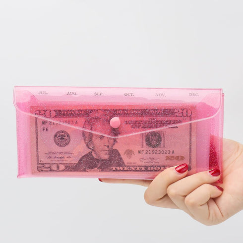 Cash Envelope Wallet with 6pcs Divider with Pockets and 2pcs Monthly Tab Stickers Set Reusable Budget Envelopes Pink Glitter PVC Money Bag Pouch O...