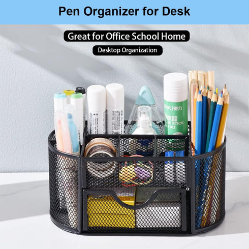 AUSTARK Desk Organizer Stationery Storage, Pencil Holder for Desk, Wire Mesh Office Supplies Desk Accessories & Workspace Organizers with 9 Compar...