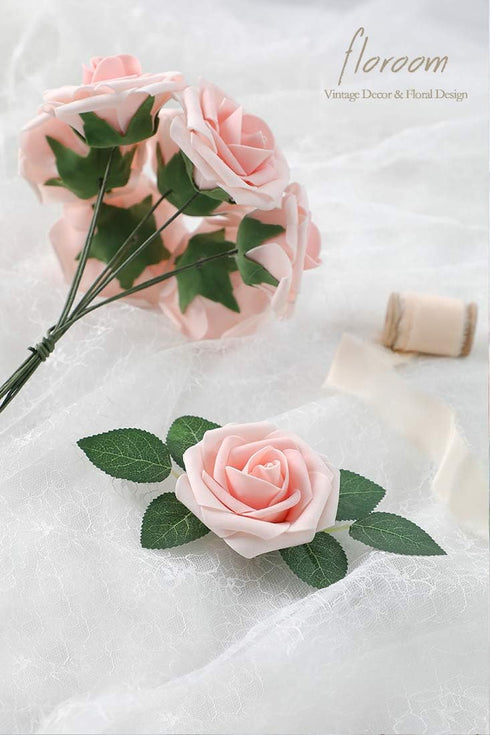 Floroom Artificial Flowers 25pcs Real Looking Blush Heirloom Foam Fake Roses with Stems for DIY Wedding Bouquets Pink Bridal Shower Centerpieces F...