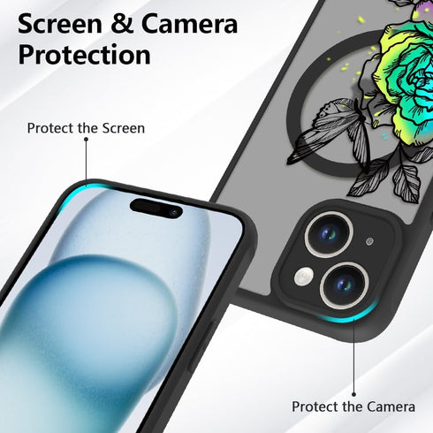 OOK Case for iPhone 15 Compatible with Magsafe Colorful Flower & Black Butterfly Design Drop-Resistant Skin-Friendly Cover Anti-Slip Full-Body Pro...