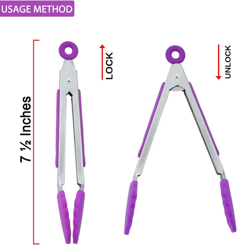 Small Kitchen Tongs 7 Inch Mini Silicone Appetizers Tongs, Set of 3 (Purple)...