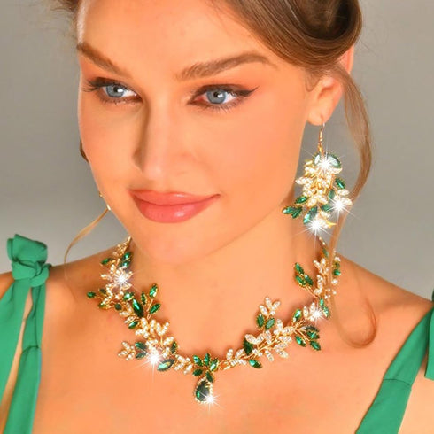 Aukmla Green Crystal Bridal Jewelry Set Gold Rhinestones Wedding Necklaces Earrings Sets Pearl Prom Costume Jewelry for Women and Brides...