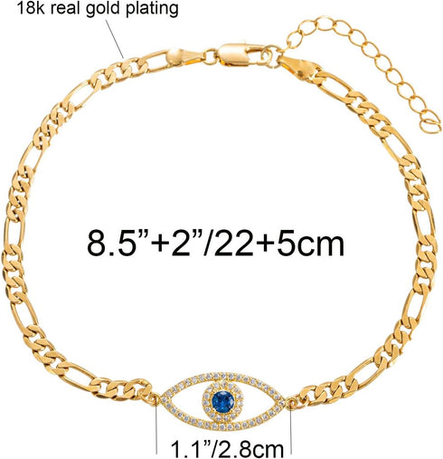 Evil Eye Hamsa Hand Charm Anklet for Women Teen Girls, Dainty Handmade Sideways Hanging Evil Eye Real 14K Gold / 18K Gold/Silver Ankle Bracelet Mi...