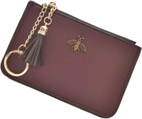 Coin Purse Change Wallet Pouch Leather Card Holder with Key Chain Tassel Zip(Burgundy)...