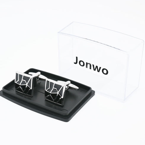 Square Classic Black Cufflinks for Men Lady In Gift Case Silver Tone Irregular Geometric Pattern Men's Cufflinks Jewelry for Wedding Anniversary B...