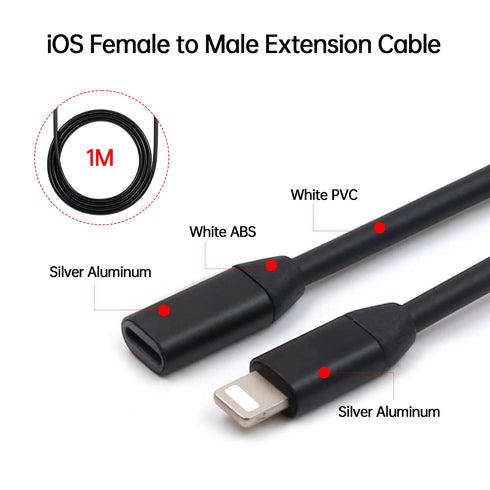 Black Lightning Extension Cable with 3.3 Feet/1 Meter Long,Male to Female Extender Dock Cable Adapter Pass Audio Video Music Data and Power Charge...