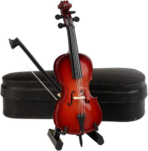 Dselvgvu Wooden Miniature Cello with Stand,Bow and Case Mini Musical Instrument Miniature Dollhouse Model Home Decoration (3.94"x1.38"x0.43")...