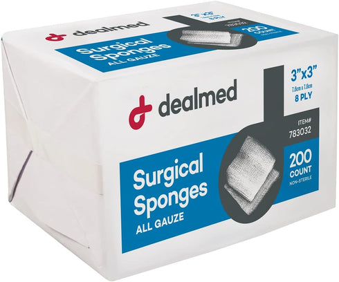 Dealmed 3" x 3" Surgical Sponges, 8-Ply, Non-Woven Absorbent Gauze Sponges for Wound Care, First Aid Kits and Medical Facilities, 200 Count (Pack ...