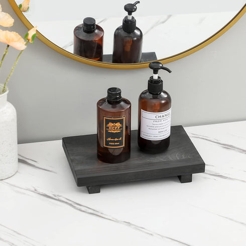 Bathroom Counter Organizer Wood Pedestal Stand Farmhouse Decorative Tray Soap Holder for Kitchen Decor, Black...