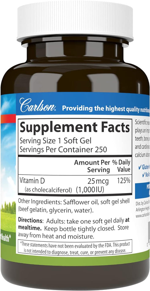 Carlson - Vitamin D3, 1000 IU (25 mcg), Bone Health, Muscle Health, Cholecalciferol, Vitamin D Supplements, Vitamin D3 Soft Gels, 250 Softgels...