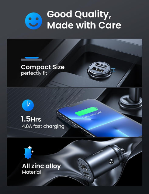 AINOPE 1 Pack Fast Mini Car Charger, 4.8A Metal Car Charger Adapter Flush Fit, Dual Port USB Car Charger Compatible with iPhone 14 13 12 Pro Max 8...