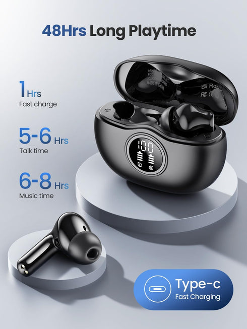 Bluetooth Headphones 5.3 Stereo Wireless Earbuds, 50 Hours of Playback with LED Display in-Ear Ear Buds with 4 Microphones IPX7 Waterproof Earphon...