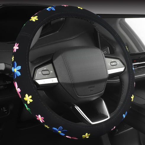 Embroidery Cute Steering Wheel Cover-Deluxe Floral Car Decor,Anti-Slip,Sweat Absorption,Universal 15 inch (floral1)...