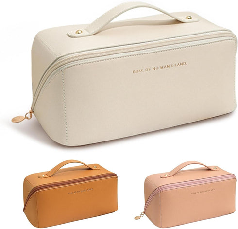 Portable Make Up Bag, Large Capacity Travel Cosmetic Bag, PU Leather Double-layered, Waterproof Portable Leather Makeup Organizer Bag for Skin Car...