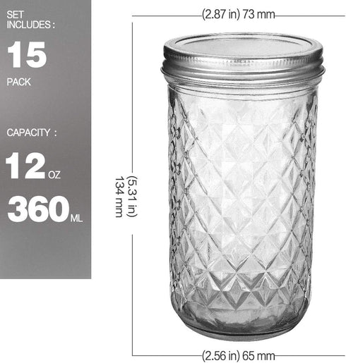 VERONES Mason Jars 12 OZ, Canning Jars Jelly Jars With Regular Lids, Ideal for Jam, Honey, Wedding Favors, Shower Favors,15 PACK...