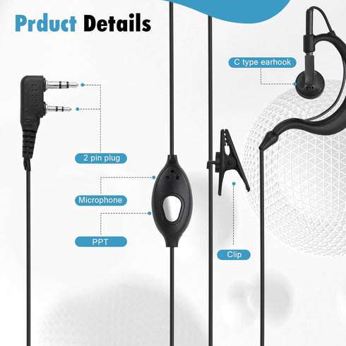 10 Pack Walkie Talkie Earpiece with Mic Ear Piece with Microphone Two Way Radio 2 Pin Ear Hook Single Wire Headset Compatible with Baofeng UV-5R B...