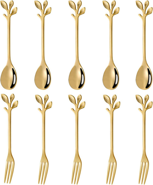 10Pcs Leaf Gold Coffee Spoons and Forks Set, 4.72inch Mini Espresso Tea Stir Spoon for Coffee Bar Charcuterie Board, Stainless Steel Small Dessert...