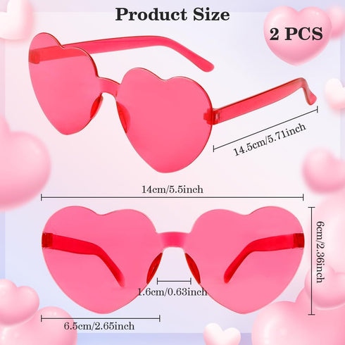 Heart Sunglasses, 2 Pack Hot Pink Heart Sunglasses for Women, Trendy Rimless Heart Shaped Sunglasses, Fun Heart Sunglasses for Party Favor...