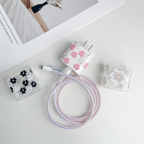 for Apple 20W USB-C Power Adapter Charger Protective Case with USB Lightning Cable Cover,Cute Women Flower Floral Data Cable Phone Charger Data Li...