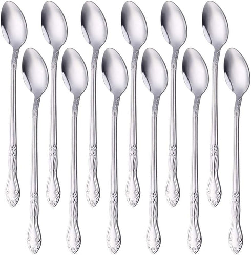 Long Iced Teaspoon 8-Inch Cold Drink Stirring Spoon, BYEGOU 12 PCS Stainless Steel Mixing Spoons Silverware Flatware Set...