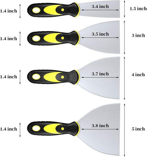 Putty Knife Scrapers, Spackle Knife, Metal Scraper Tool for Drywall Finishing, Plaster Scraping, Decals, and Wallpaper (4 Pack, 5”, 4”, 3”, 1.5” W...