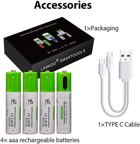 Rechargeable AAA Batteries 1.5V 550mWh USB Lithium ion Rechargeable AAA Battery with USB Type C Charging Cable, High Capacity Fast Charge, 1200 Cy...