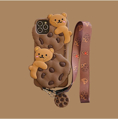 Yatchen iPhone 12 Pro Max Case, Bear Cookie Silicone Protective Case with Strap Lanyard, Cartoon Kawaii 3D Phone Cover for Women Girls...