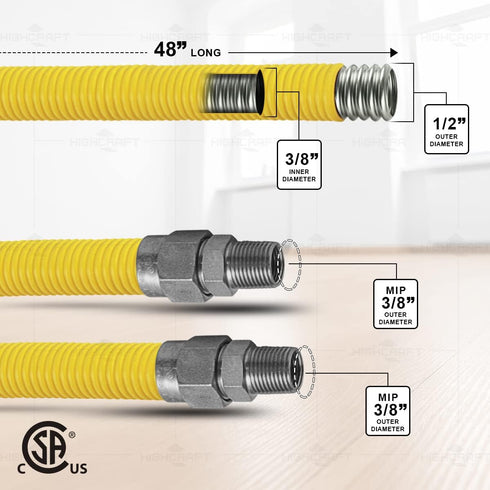 Gas Connector Kit 48 inch Yellow Coated Stainless Steel, 5/8” OD Flexible Gas Hose Connector for Gas Range, Furnace, Stove, 3/8” MIP x 3/8” MIP St...