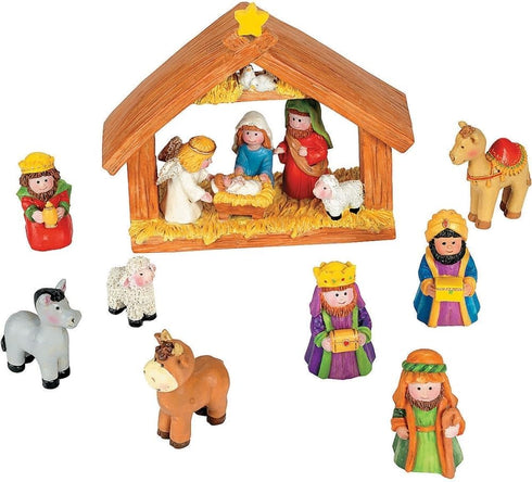 Fun Express Mini Christmas Nativity Set Stable with Jesus Mary Joseph Wisemen - 9 Pieces Red, Blue, Green, Beige, Brown...