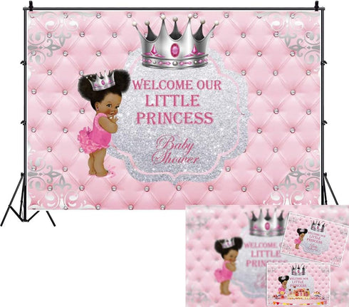DASHAN 7x5ft Polyester Baby Shower Backdrop Welcome Our Little Princess Silver Crown Pink Photography Background for Newborn Baby Shower Baby Girl...