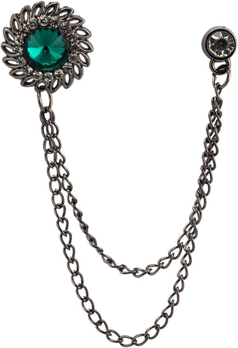 Knighthood Brooch Pin Green Stone with Inspired Stone Detailing Hanging Chain Lapel Pin Brooch for Men...