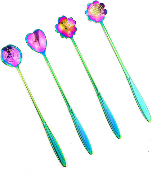 Flower Spoon Set of 4 PCS, LEEFONE 7" Flower Pattern Long Handle Spoon Stainless Steel Reusable Tea Scoops Stirring Spoon Ice Cream Spoon Coffee S...