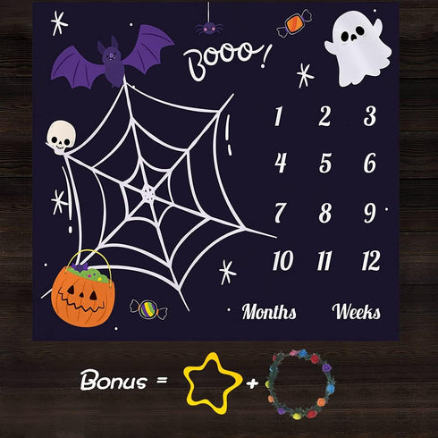 Halloween Theme Baby Monthly Milestone Blanket, 48x40in Soft Flannel, Ghost and Pumpkin Skull Background, Newborn Mom Gifts, Baby Shower Age Growt...