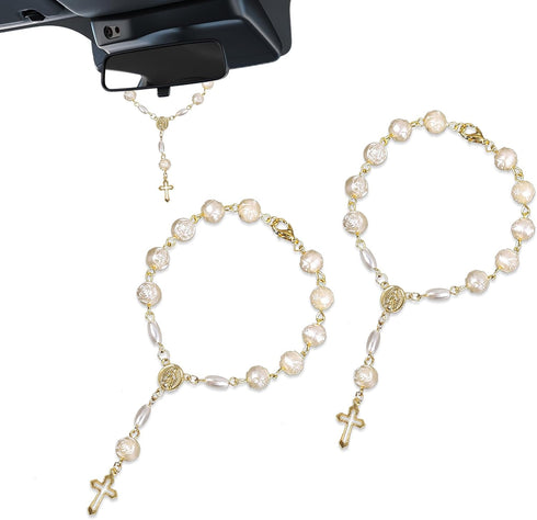 2 PCS Car Rearview Mirror Rosary Pendant, Rose Bead Christening Hollow Cross Bracelet, Creative Fashion Exquisite Bead Decoration, for Most Car, T...