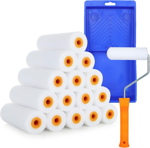 Small Paint Roller Kit, 15PCS 4 Inch Mini Foam Paint Roller Cover with 1 Paint Tray and 1 Roller Frame, Foam Paint Rollers Refills House Painting ...