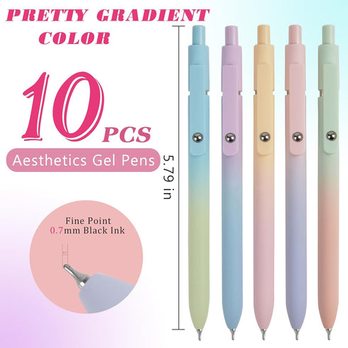 Gel Pens, 10 Pcs Black Ink Pens with Comfortable Silicone Grip, 0.7mm Fine Medium Point Cute Smooth Writing Pen, Aesthetic Gradient Color, Retract...