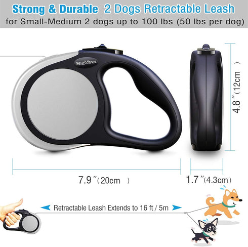 Double Retractable Dog Leash for Two Dogs Up to 50 lbs Per Dog - 16 ft Coupler Dog Leashes for Small Medium Dogs - One Locked System, Non Slip Gri...
