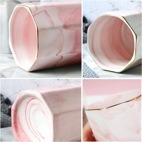 WAVEYU Pink Pen Holder for Girls, Marble Ceramic Pencil Cup, Desk Organizer Decor for 2023 Graduates, Durable Makeup Brush Holder for Office, Scho...