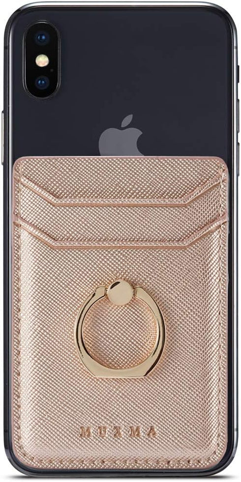 Phone Card Holder with Ring Grip for Back of Phone,Adhesive Stick-on Credit Card Wallet Pocket for iPhone,Android and Smartphones Rosegold...