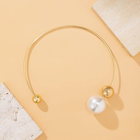 Metal Pearl Open Choker Necklace Adjustable Gold Pearl Choker Necklaces for Women Round Open Cuff Necklace Elegant Cuff Collar Necklace Statement ...