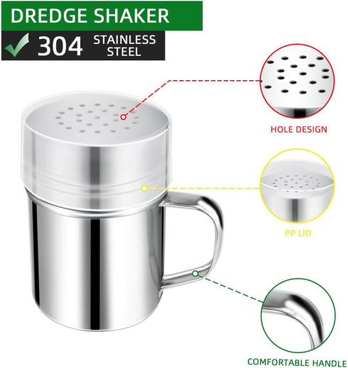 Stainless Steel Dredge Shaker Spice Shakers with Handle Powdered Sugar Shaker Pepper Shakers 6 Oz Metal Salt Shaker with Holes and Lid Fine Powder...